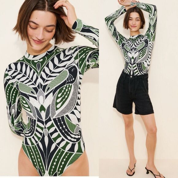 Farm Rio Printed Long-Sleeve Ribbed Bodysuit Green Black | Large - Picture 3 of 14